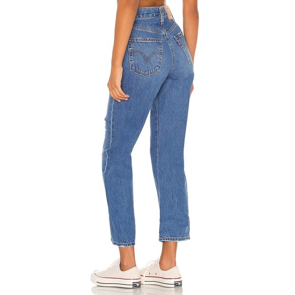 Levis Premium Womens Ribcage Straight Ankle Denim Jeans Blue Distressed Hi Waist - Picture 4 of 8